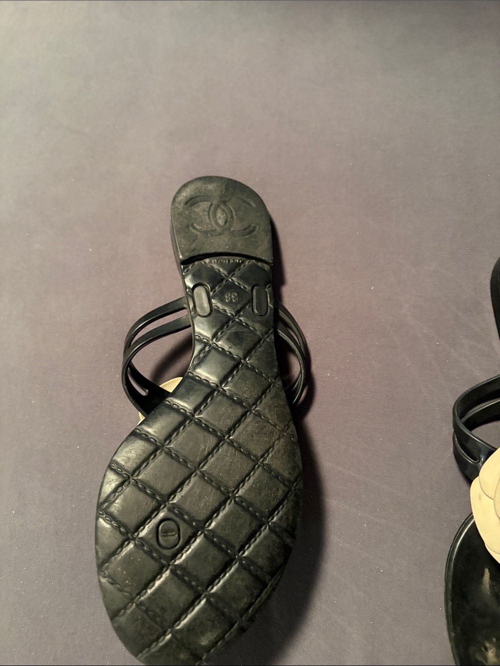CHANEL Black Jelly Sandals with Beige Camellia Accents - Picture 2 of 2